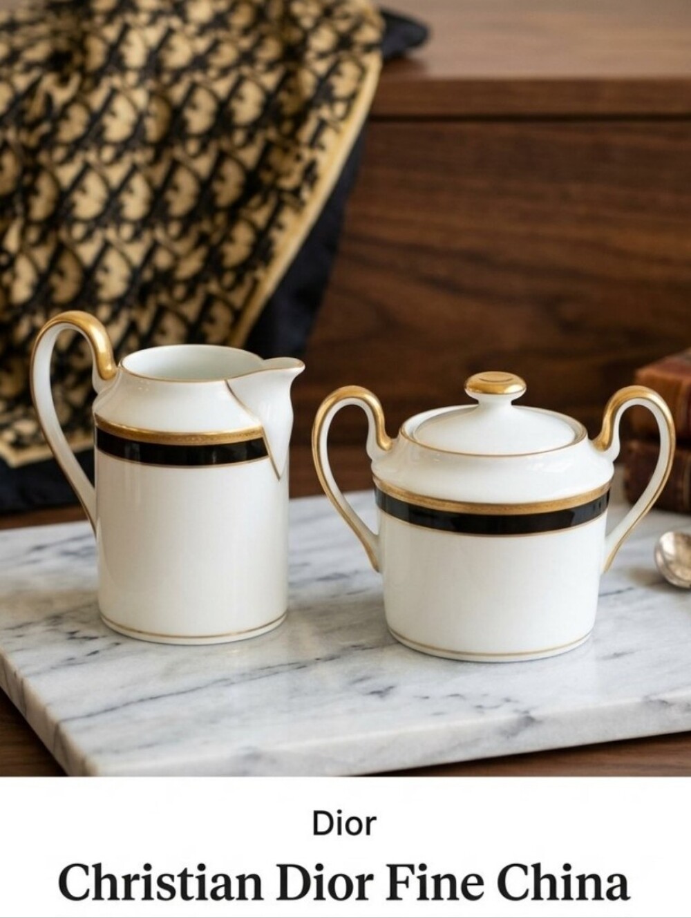 Christian Dior Fine China creamer & sugar bowl CD monogram Black Japan